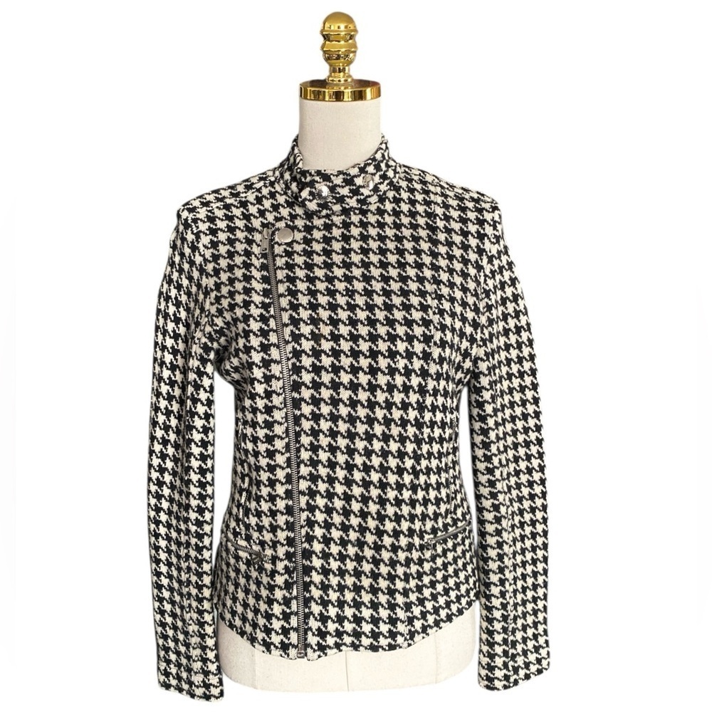 Ralph Lauren 100% Lambswool Black/White Houndstooth Crop Knit Moto Jacket Small